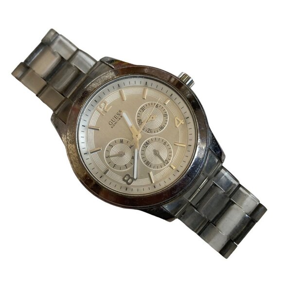 Guess Mens Watch Water Resistant Stainless Steel Clear Band Works New Battery